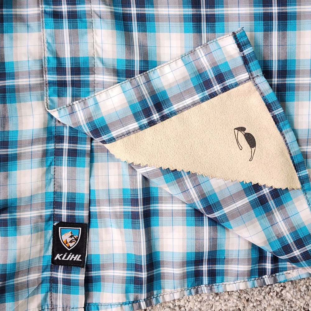 Kuhl Plaid Shirt Mens Large Blue Short Sleeve Snap Front Hiking Outdoor EUC - Picture 8 of 16